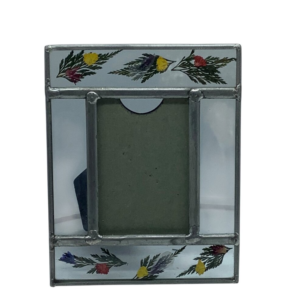 Vintage Lead Glass Pressed Flower Small Frame 2x3" Photo Green Leaf Accents 5x4"